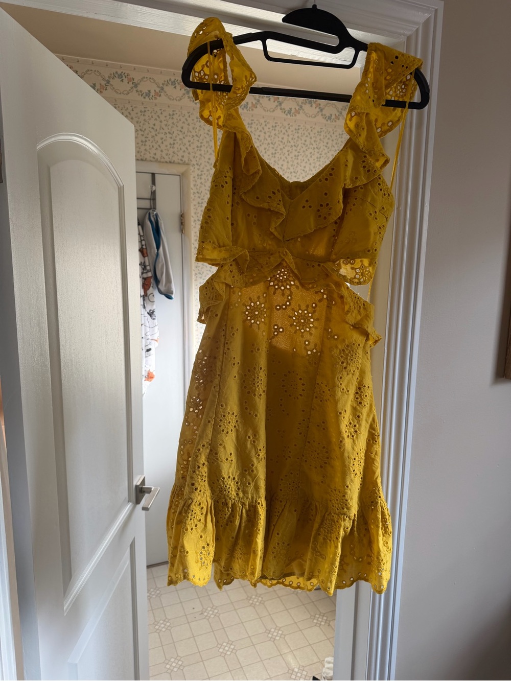 Astr Yellow Eyelet Ruffle Mini Dress